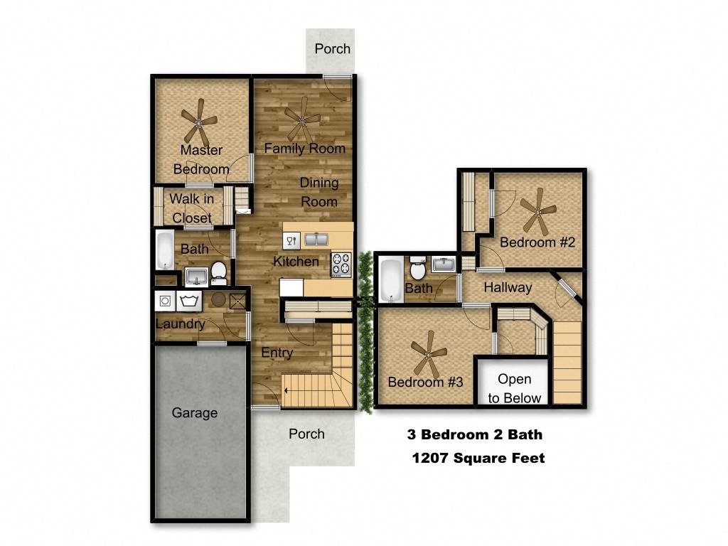 Floor plan for 3 beds, 2 baths, 1207 sqft